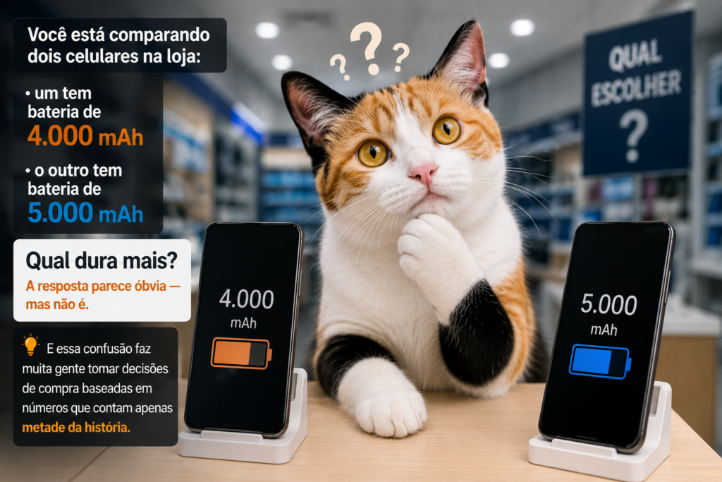 Você está comparando dois celulares na loja: um tem bateria de 4.000 mAh, o outro tem 5.000 mAh. Qual dura mais? A resposta parece óbvia — mas não é. E essa confusão faz muita gente tomar decisões de compra baseadas em números que contam apenas metade da história.